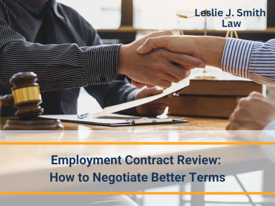 Employment contract review process with Leslie J. Smith examining legal document with client in Oakville office.